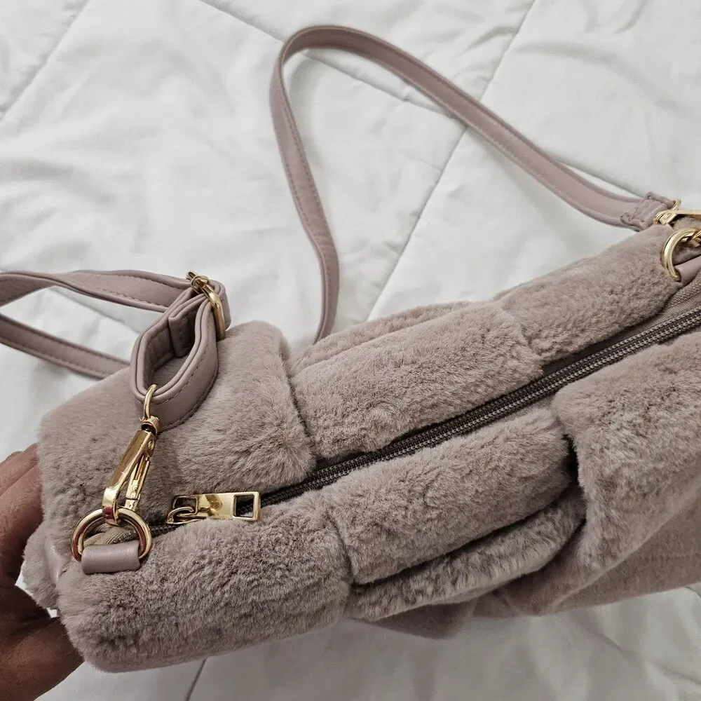 Anthropologie Fuzzy Woven Crossbody Bag Pink Faux‎ Fur Removable Straps Clutch